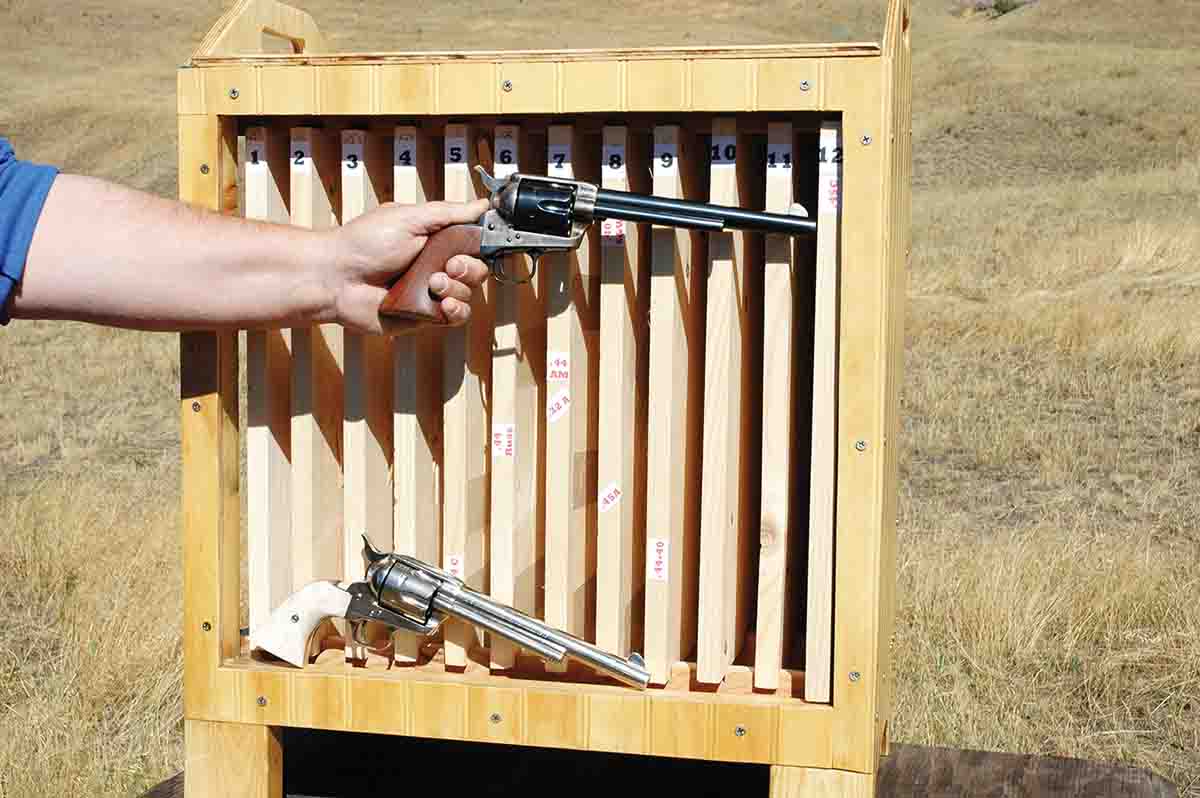 This baffle box is filled with 7⁄8-inch pine boards. Only the .45 Colt outperformed the .44-40 in penetration with black- powder  handloads.